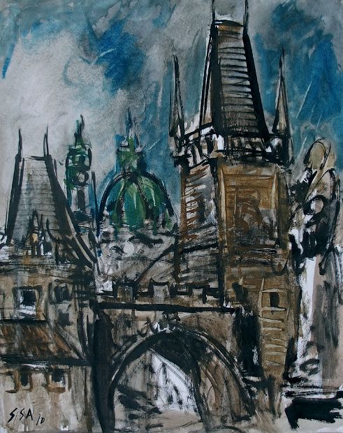 PRAG - BLICK VON DER KARLSBRÜCKE, Aquarell, 64 x 50 cm